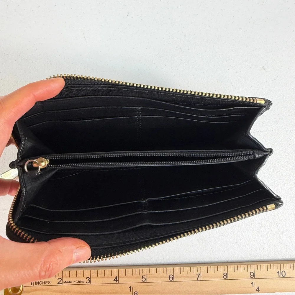 Coach Wallet Saffiano Accordion Black‎ Zip Crossgrain Leather Gold Tone Hardware